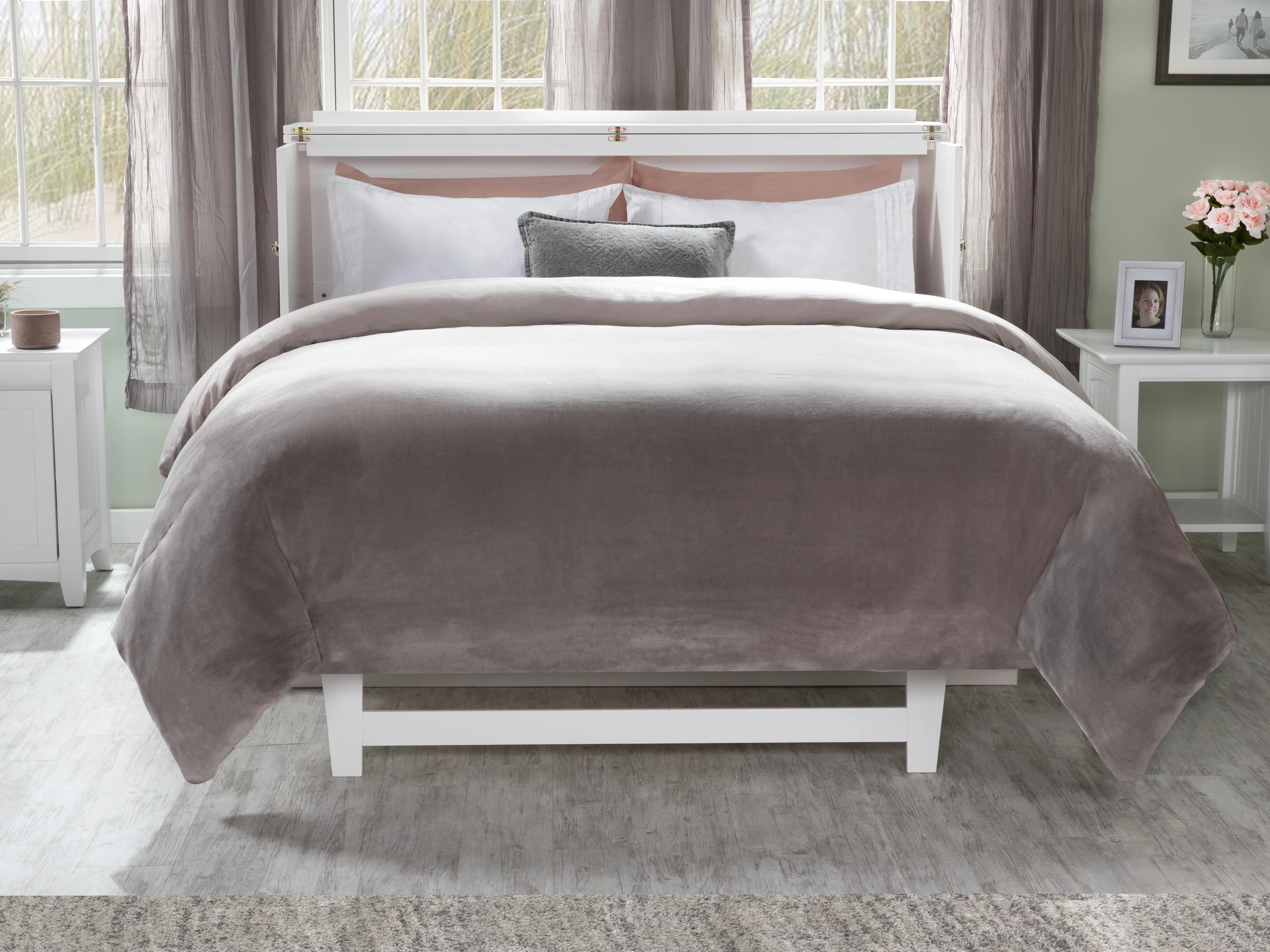 AFI Deerfield Queen Solid Wood Murphy Bed Chest with Mattress, Drawer & Charger in White