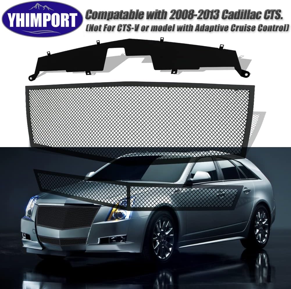 Compatible with 2008-2013 Cadillac CTS Stainless Steel Mesh Grille Grill Insert Combo (Not For CTS-V or model with Adaptive Cruise Control) (chrome