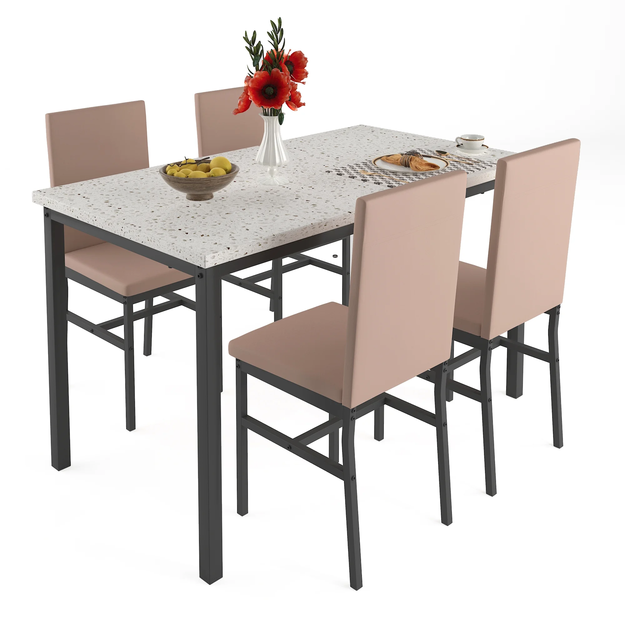 5 Piece Kitchen Dining Table Set, Marble Top Dining Set for 4 with Faux Leather Chair, Elegant Dining Room Set, Space Saving Table and Chairs