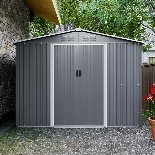 4×8 FT Outdoor Metal Storage Shed,Heavy-Duty Lean to Storage Shed with Floor Base,Garden Tool Metal Storage House W/Lockable Door and 2 Air Vents