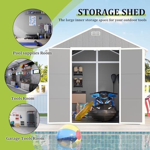 8x8 FT Outdoor Resin Storage shed - Waterproof Garden Sheds with Vents, Lockable Double Doors and Windows for Lawn, Backyard, Patio, Tool Storage Use