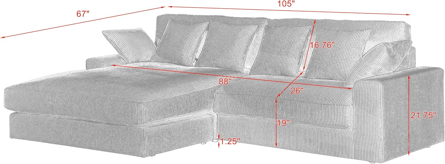 Feather Filled Deep Seat Reversible Sectional Sofa with Extra Wide Chaise Lounge