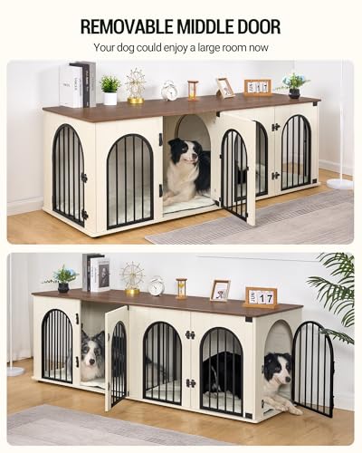 71" Dog Crate Furniture for 2 Dogs, Heavy Duty Indoor Dog Kennel TV Stand, XXL Wooden Dog Cage with Divider for Medium Large Dogs