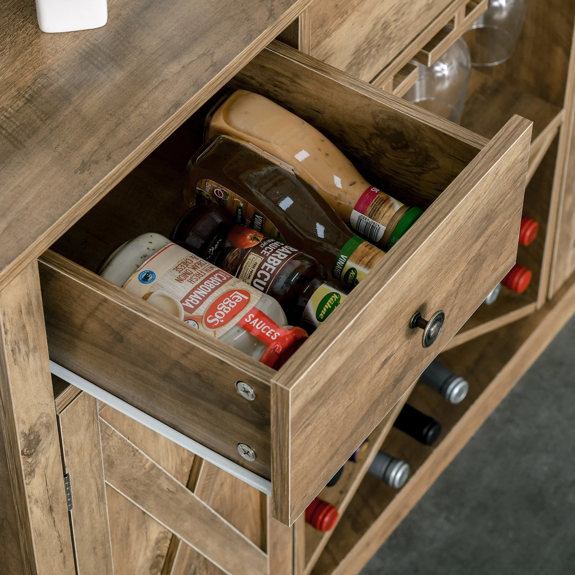 HOMCOM Farmhouse Coffee Bar Cabinet, Wine Cabinet with 3 Drawers, x-Shaped Wine Rack, Rustic Oak Grain