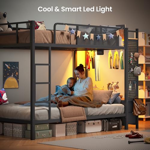 Itaar Metal Bunk Bed Twin Over Twin with Hall Tree, Power Outlet, LED Bunk Bed with 4 Storage Drawers, Bed with Safety Guardrail & Ladders