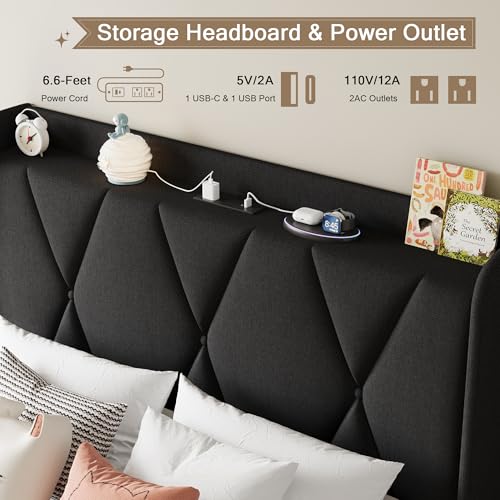 Queen Bed Frame with 4 Storage Drawers and Charging Station, Upholstered Platform Bed Frame with Storage Headboard, No Box Spring Needed