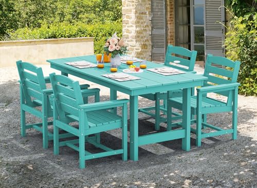 SERWALL Outdoor HDPE Dining Table Set, 7-Piece Outdoor Dining Table Sets with Umbrella Hole Cut-Out Table and 6 Chairs, Gray