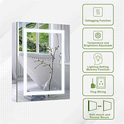 WELLFOR 30" X 30" LED Medicine Cabinet with Mirror for Bathroom, Medicine Cabinet with Lights, Bathroom Mirror with Storage, Double Opening Doors