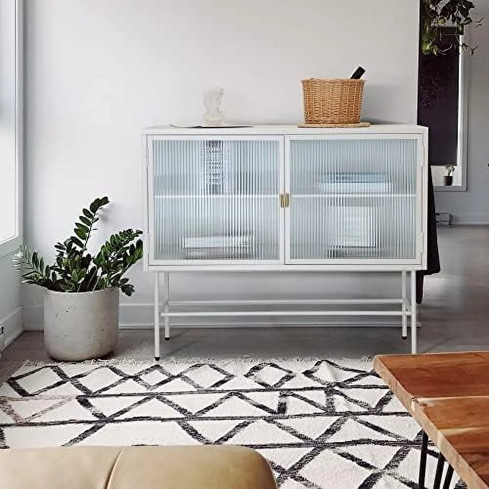 TJUNBOLIFE Retro Style Fluted Glass  Cabinet Corner Cabinet Sideboard Dual Doors Three Detachable Wide Shelves Enclosed Dust-Free  for Living Room