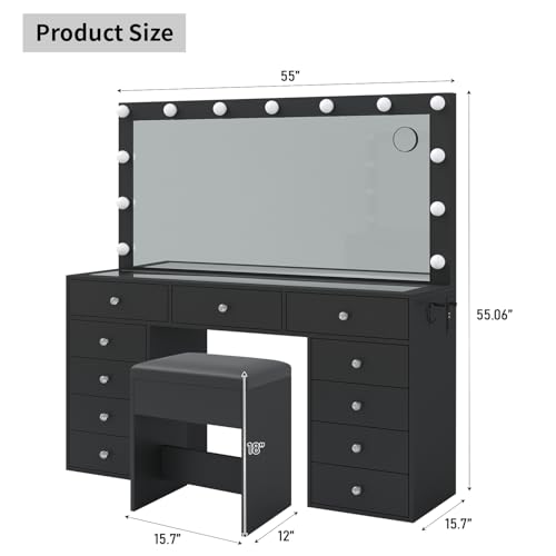Vanity Desk & Power Outl, Makeup Vanity with Mirror and 12 LED Lights, Makeup Table with 11 Drawers, Vanity Table with Chair