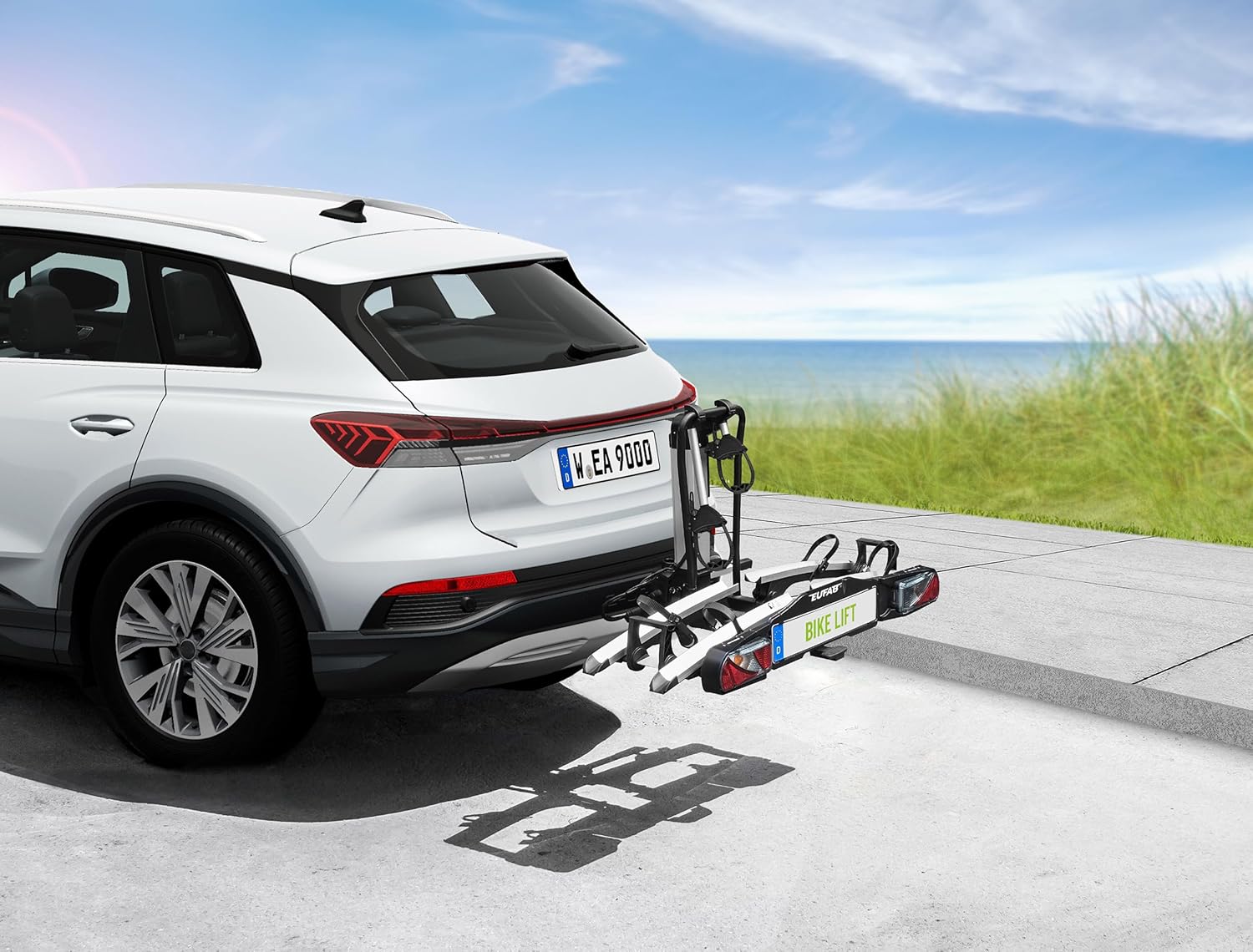 EUFAB 11554 Bicycle Carrier Bike Lift, Suitable for E-Bike, Fully Pre-Assembled, Electric Lower, Theft Protection, for 2 Bikes, for Towing Hitch