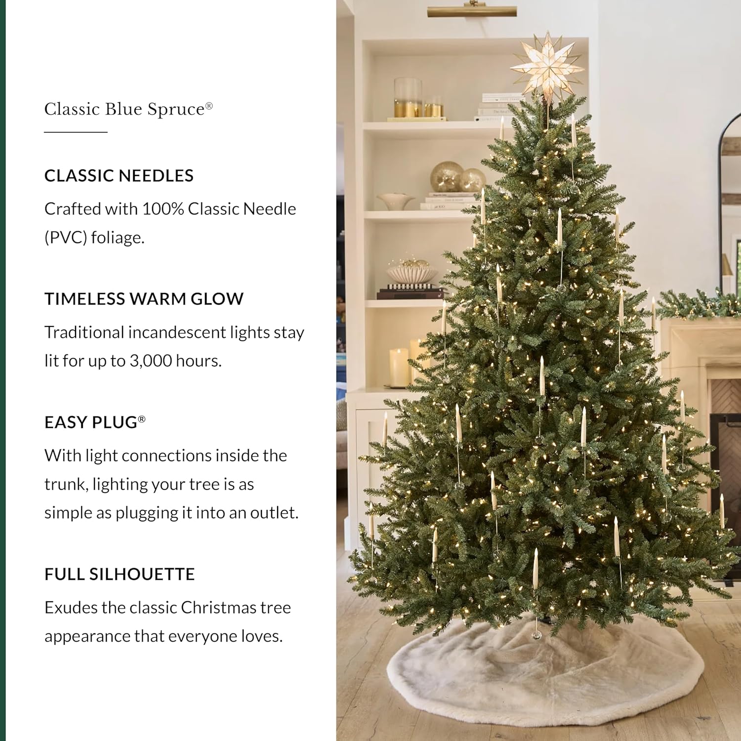 Balsam Hill 7.5ft Pre-Lit Classic Blue Spruce - Artificial Christmas Tree with 1000 Clear Incandescent Lights, Easy Plug Technology