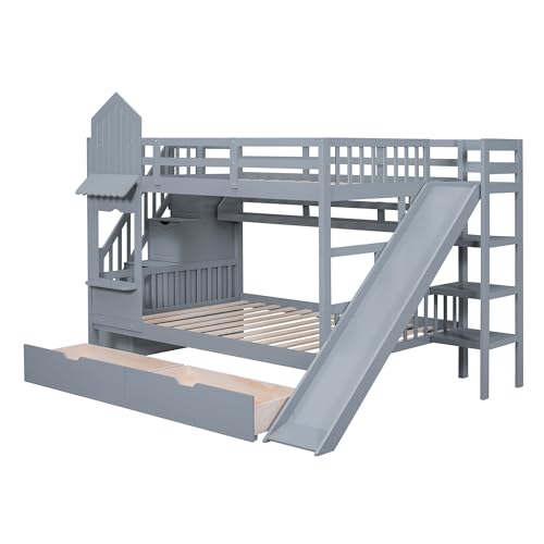 SOFTSEA Twin Over Twin Bunk Bed with Slide and Storage Solid Wood Bunk Bed Frame with Staircase and Drawers, Pink