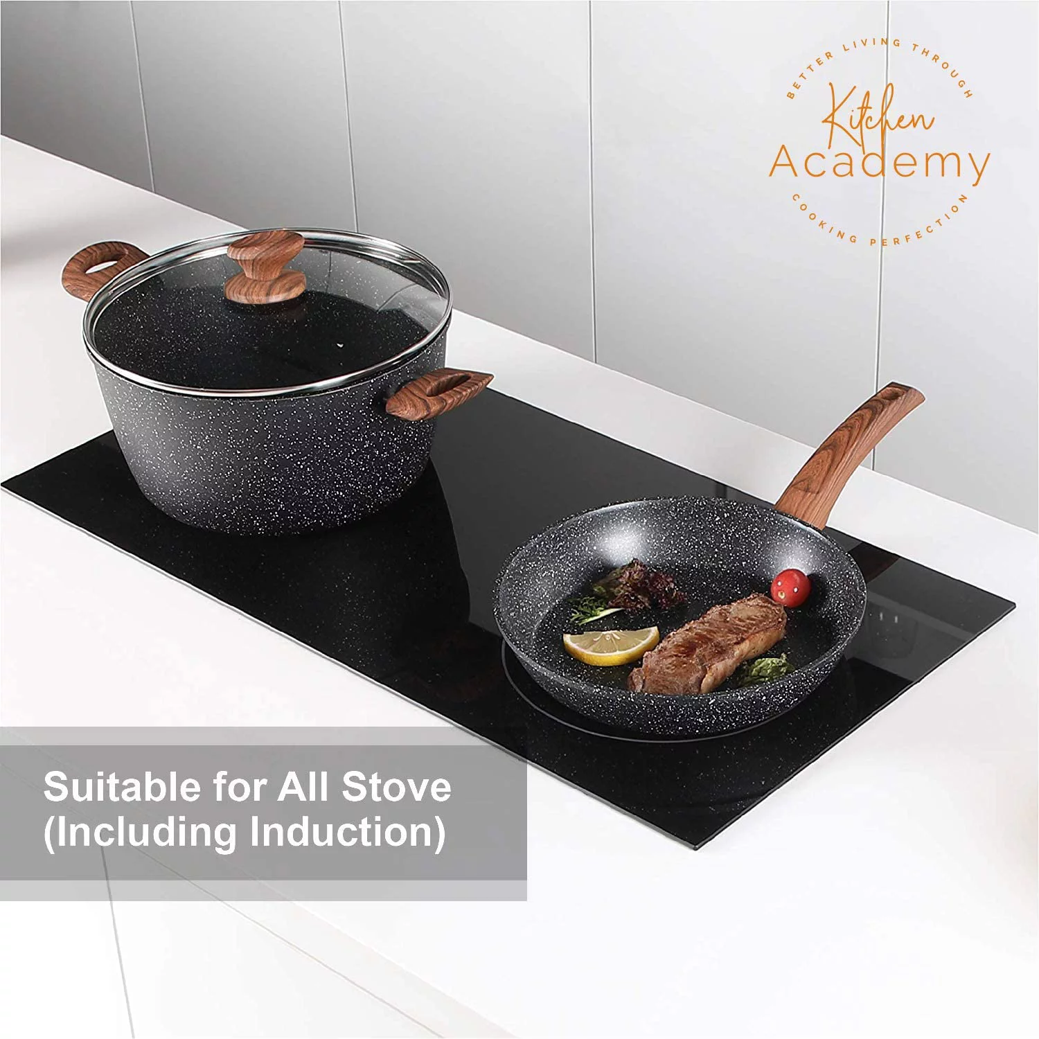 Kitchen Academy Induction Cookware Sets - 12 Piece Cooking Pan Set, Granite Black Nonstick Pots and Pans Set 12 PCS Cookware Set Black