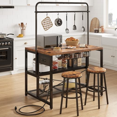 46" Large Kitchen Island Table Baker Rack with Power Outlet and 3-Tier Storage-Microwave Stand Oven Shelf, Metal Coffee Bar Table