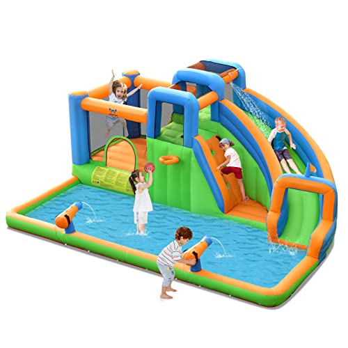 HONEY JOY Inflatable Water Slide, 7 in 1 Giant Water Park Bounce House for Outdoor Backyard, Splash Pool, Water Cannons & Climbing Walls
