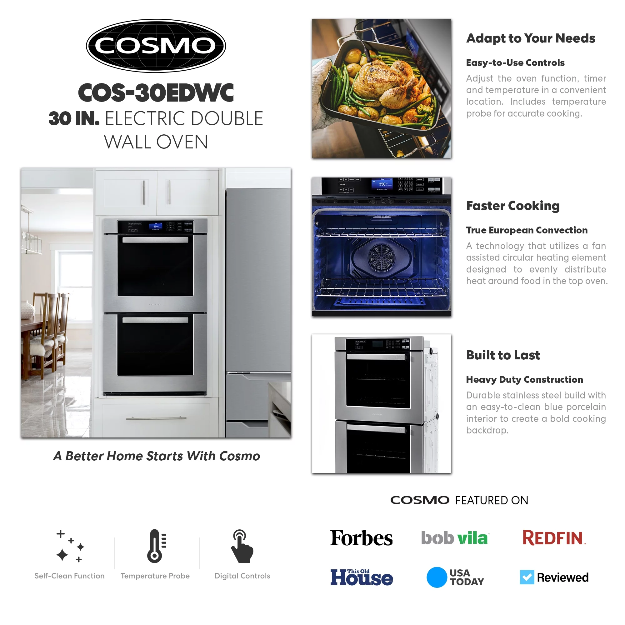 Cosmo 30" Double Wall Oven in Stainless Steel with True European Convection