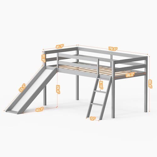 OLEAD Low Bunk Bed with Slide, Floor Loft Bed with Climbing Ladder, Wood Twin Bunk Bed Frame with Full Guardrails & Storage Space for Kids Toddler