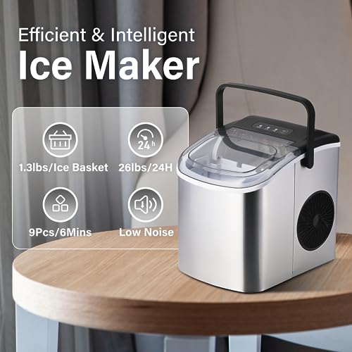 Simple Deluxe Countertop Ice Maker Machine, 9 Ice Cubes Ready in 6 Mins, 26lbs Ice/24Hrs, with Scoop & Basket, Self-Cleaning Function