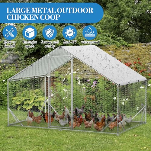 Heavy Duty Walk-in Chicken Coop, Large Metal Poultry Cage with Waterproof UV Cover & Round Top Design
