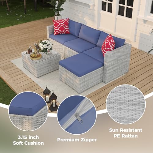 6 Piece Outdoor Patio Furniture Set with Coffee Table, Rattan Deck Conversation Sofa Set