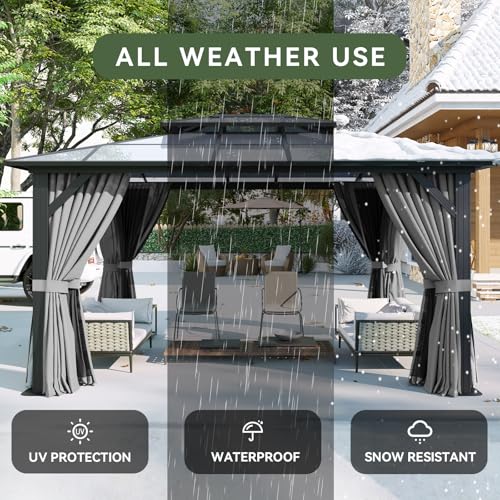 Aoxun 12'x10' Hardtop Gazebo, Aluminum Frame Permanent Pavilion with Curtains and Netting, Outdoor Polycarbonate Double Roof Canopy