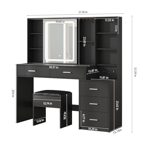 Fameill Vanity Desk with Mirror and Lights, Makeup Vanity with 5 Drawers, Makeup Desk with Charging Station and Ample Storage