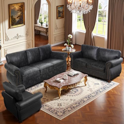 Mid-Century Vintage Sofa Couches with Rivet Design,3-Seater Sofa,Removable Sofa Cover Upholstered Cushions and Solid Wood Frame (Brown, 3-Seater)