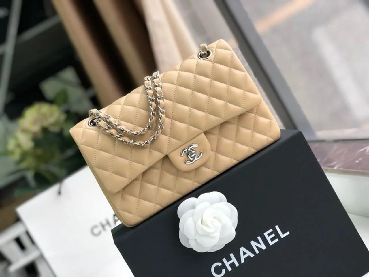 Chanel Classic Handbag Silver Hardware BeigeFor Women, Women&rsquo;s Bags, Shoulder And Crossbody Bags 10.2in/26cm A01112