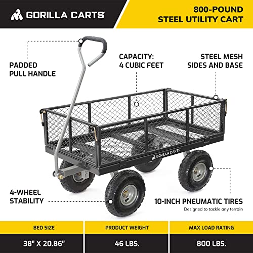 Gorilla Carts Steel Utility Cart, Garden Wagon w/Handle & Removable Sides, Up to 800 Lbs - Heavy-Duty Gardening Equipment for Yard, Lawn