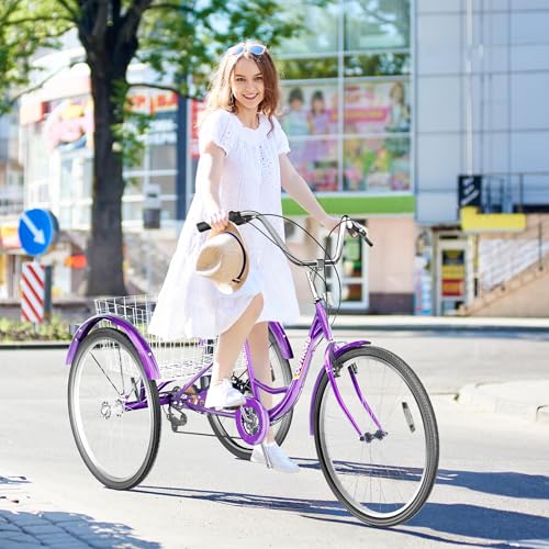 7-Speed Adult Tricycle with Large Basket 24/26 Inch, Stable 3-Wheel Cruise Bicycle for Shopping, Beach and City Trike Perfect for Men, Women