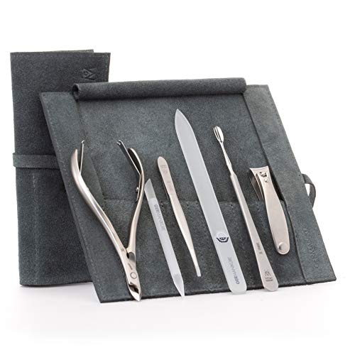 GERMANIKURE 6pc Manicure Set in Gray Suede Case - FINOX Stainless Steel Tools Made in Germany