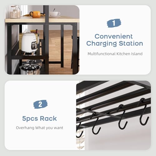 Kitchen Island with Storage, Bakers Rack with Power Outlet, Island Table for Kitchen,3 Tier Microwave Stand Oven Shelf,Large Coffee Bar Table