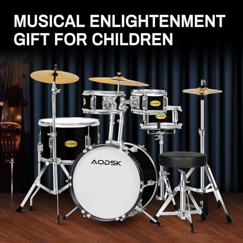 AODSK Kid Drum Sets 5-Piece for Beginners, 14 inch Full Size Complete Drum Kit with Adjustable Throne, Cymbal, Hi-Hat, Pedal & Drumstick, Black