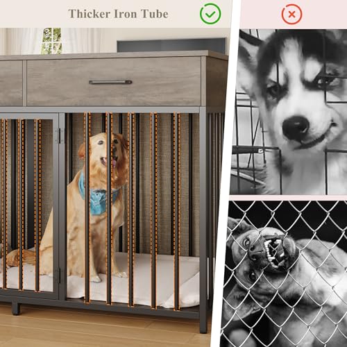 HOSTACK Double Dog Crates Furniture, 71" Wide Indoor Dog Kennel with 3 Drawers, Farmhouse Dog Cage for 2 Large/Medium Dogs