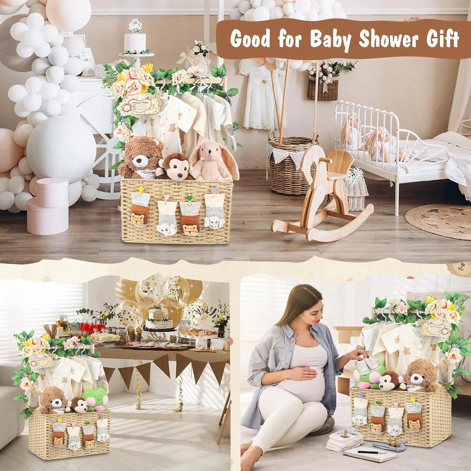 Wooden Baby Shower Crate Closet, Foldable Handwoven Storage Basket for Baby Shower Gifts, Welcome Gift Basket for Newborn Boys Girls