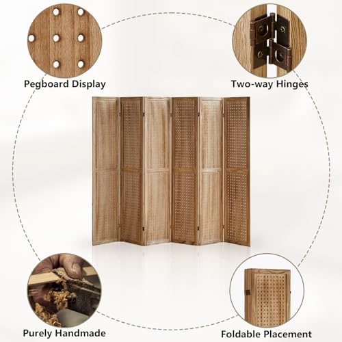 4 Panel Room Dividers and Folding Privacy Screens, 5.6Ft Wooden Pegboard Display, Privacy Dividers for Bedroom