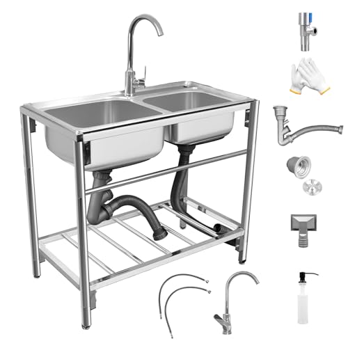 Outdoor Utility Sink Stainless Steel Double Bowl Free Standing Commercial Restaurant Kitchen Sink with Hot and Cold Faucet for Laundry,Garage
