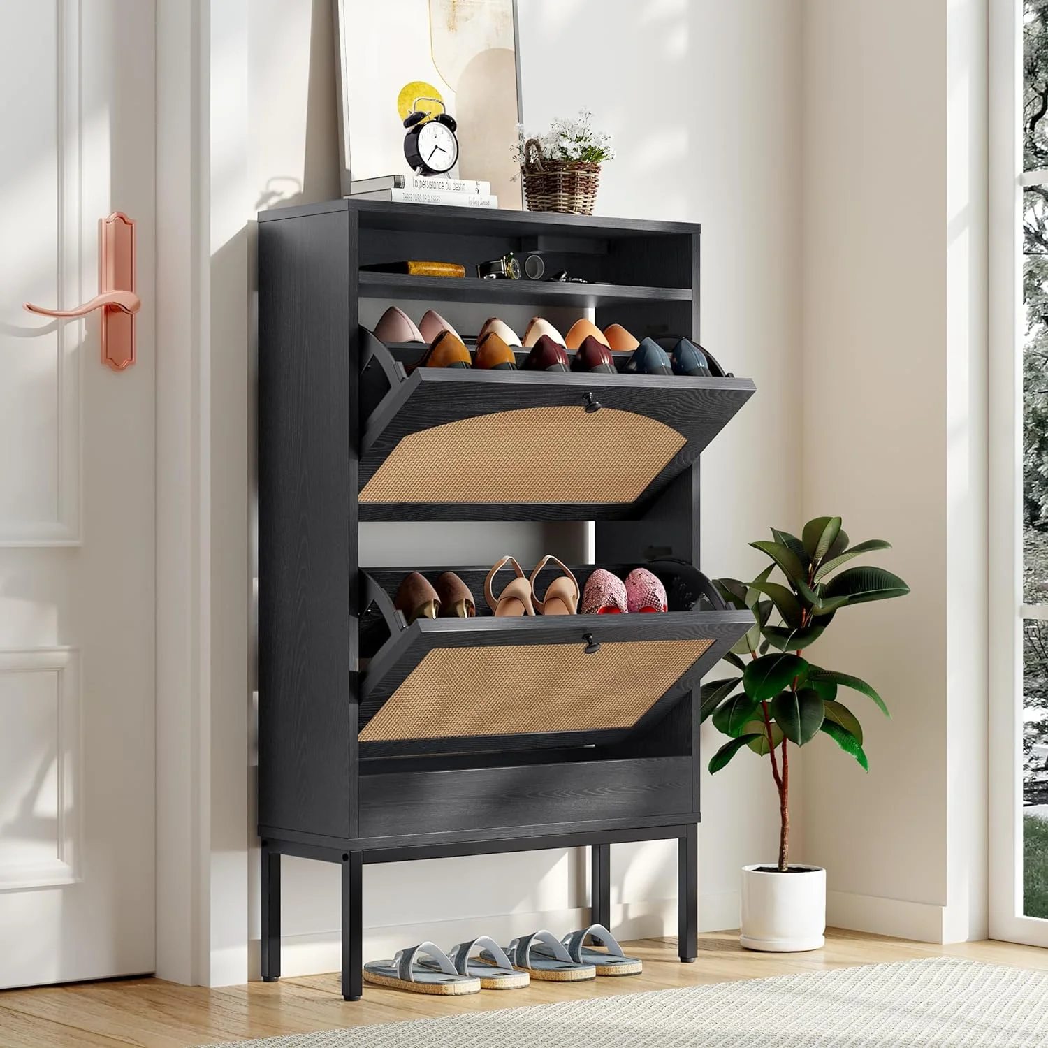 Shoe Storage Cabinet, Freestanding Organizer with Doors, Narrow Shoe Rack Cabinet, Slim Hidden Cabinet for Entryway/Hallway (Black, Small)