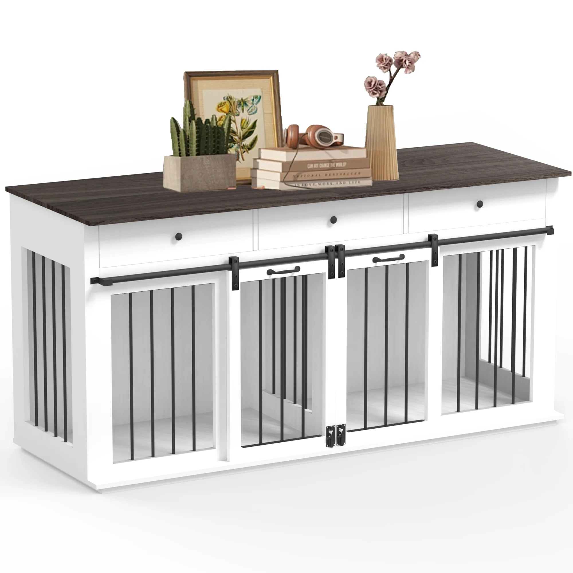 Large Dog Crate Furniture-Indoor Wooden Dog Kennel with Drawers Storage and Locks for Large or 2 Medium Dogs - Curated Treasures Market