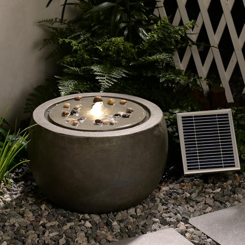 Garden Water Fountain Outdoor Large Round Bubbler Water Feature Indoor with Lights & Pump and Pebbles Concrete Effect for Patio Pool Pond Yard Home
