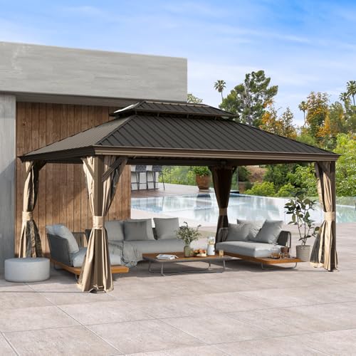 Domi 10’ x 10’ Hardtop Gazebo Metal Frame Canopy with Netting & Curtains