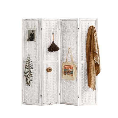4 Panel Room Dividers and Folding Privacy Screens, 5.6Ft Wooden Pegboard Display, Privacy Dividers for Bedroom