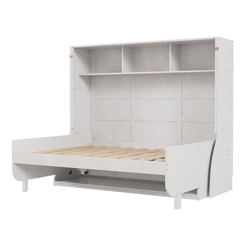 SOFTSEA Full Size Murphy Bed with Desk, Horizontal Wall Bed with Storage Shelves