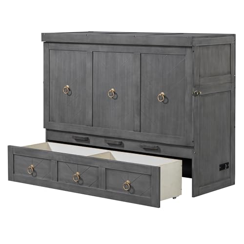 Harper & Bright Designs Full Size Murphy Bed Wall Bed, Solid Pine Murphy Bed Chest Cube Cabinet Bed with USB