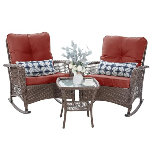 Patio Furniture Set 3 Pieces, Wicker Rocking Bistro Set with Thick Cushions, Outdoor Rocker Chairs and Coffee Table for Porch
