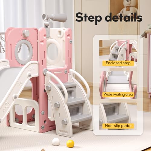 6 in 1 Toddler Playset with Slide, Kids Slide with Basketball Hoop, Ball, Ring Toss, Indoor Outdoor Toys (White Grey)