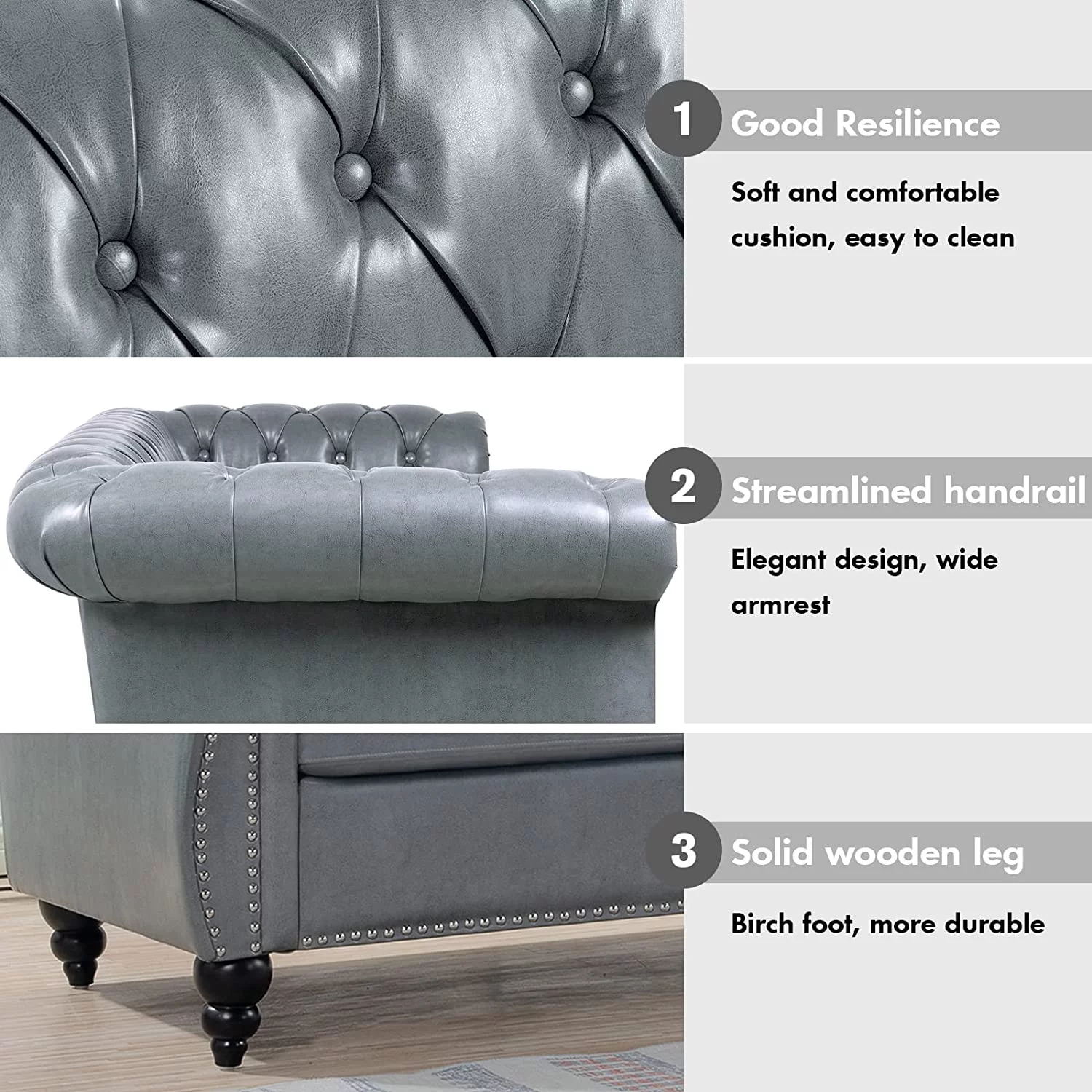 84" Leather Chesterfield Sofas for Living Room, Rolled Arm 3-Seater Large Couch Deep Button Nailhead Tufted Upholstered Couches for Bedroom