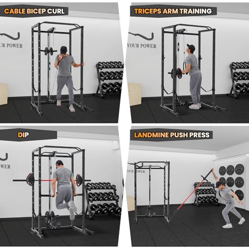 Power Cage with LAT Pulldown, Multi-Functional Power Rack with Cable Pulley System and J-Hooks, Squat Rack with Dip Bars and Landmine Attachment