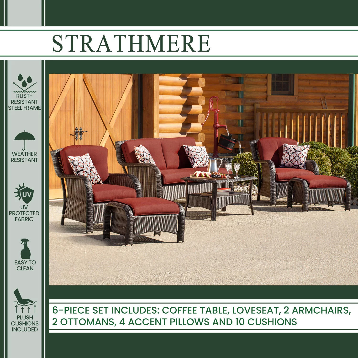 Hanover Strathmere 6-Piece Wicker Outdoor Conversation Set, Crimson Red